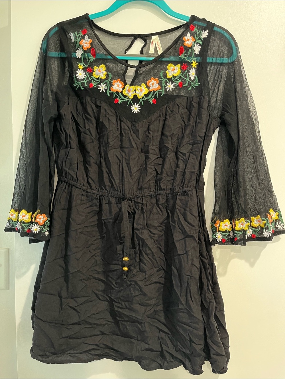 True Destiny Black Sheer Embroidered Floral Tunic Dress Size Large